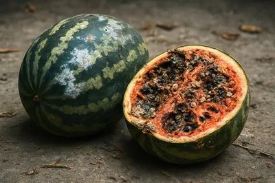 Rotten Watermelon Cut In Half On Ground