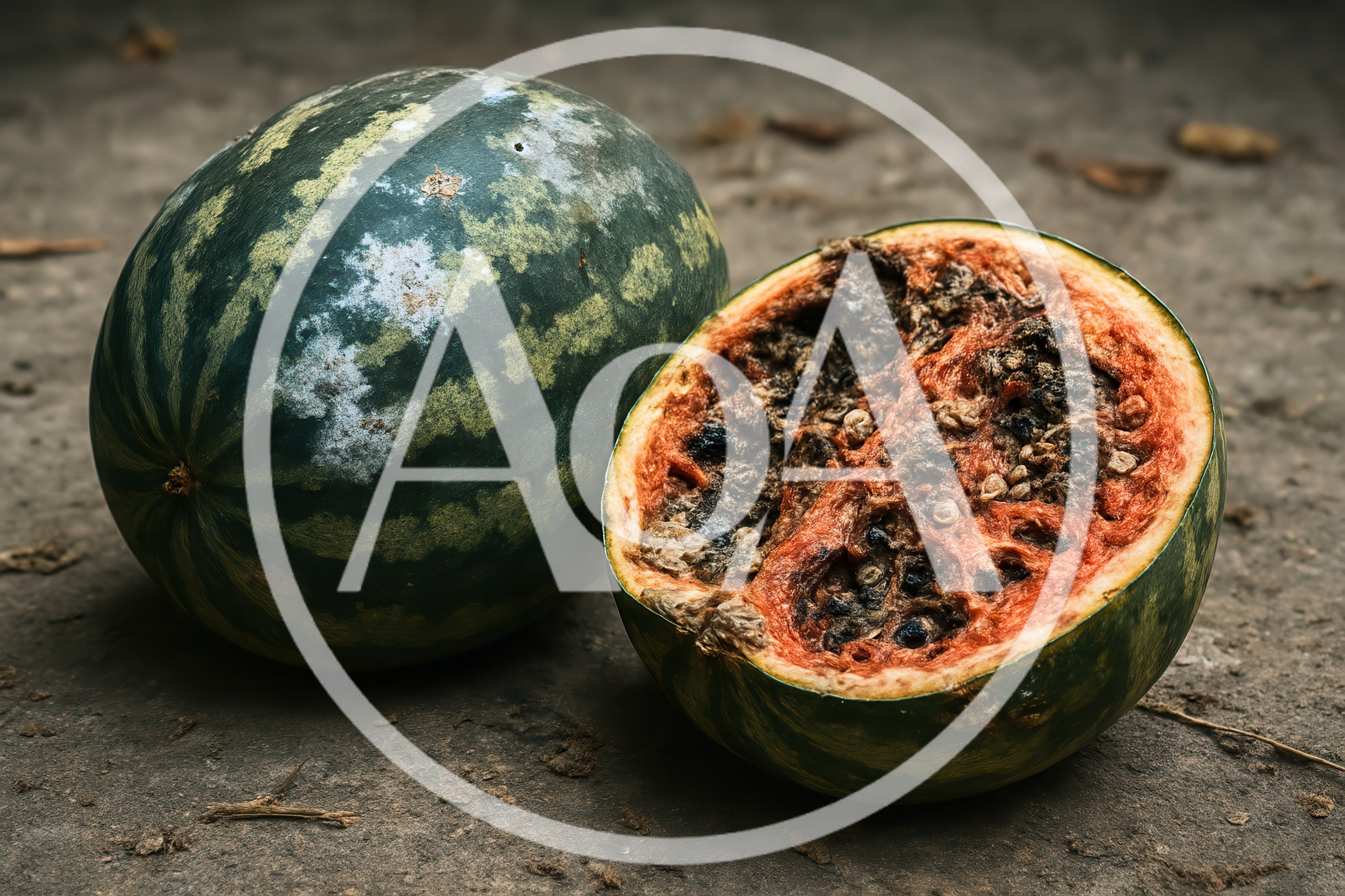 Rotten Watermelon Cut In Half On Ground