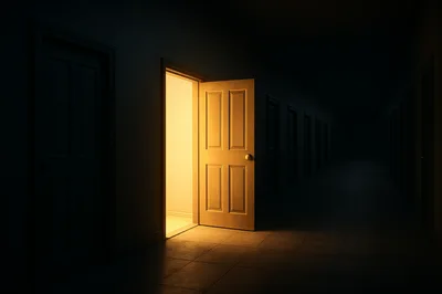 Open Door With Warm Light In Dark Hallway