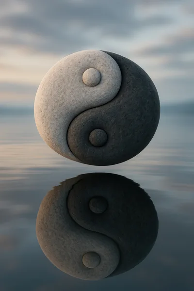 Stone Yin Yang Symbol Floating Above Calm Water