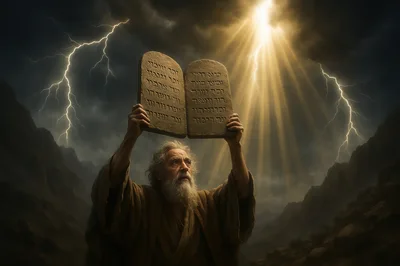 Moses Holding Stone Tablets Under Stormy Sky