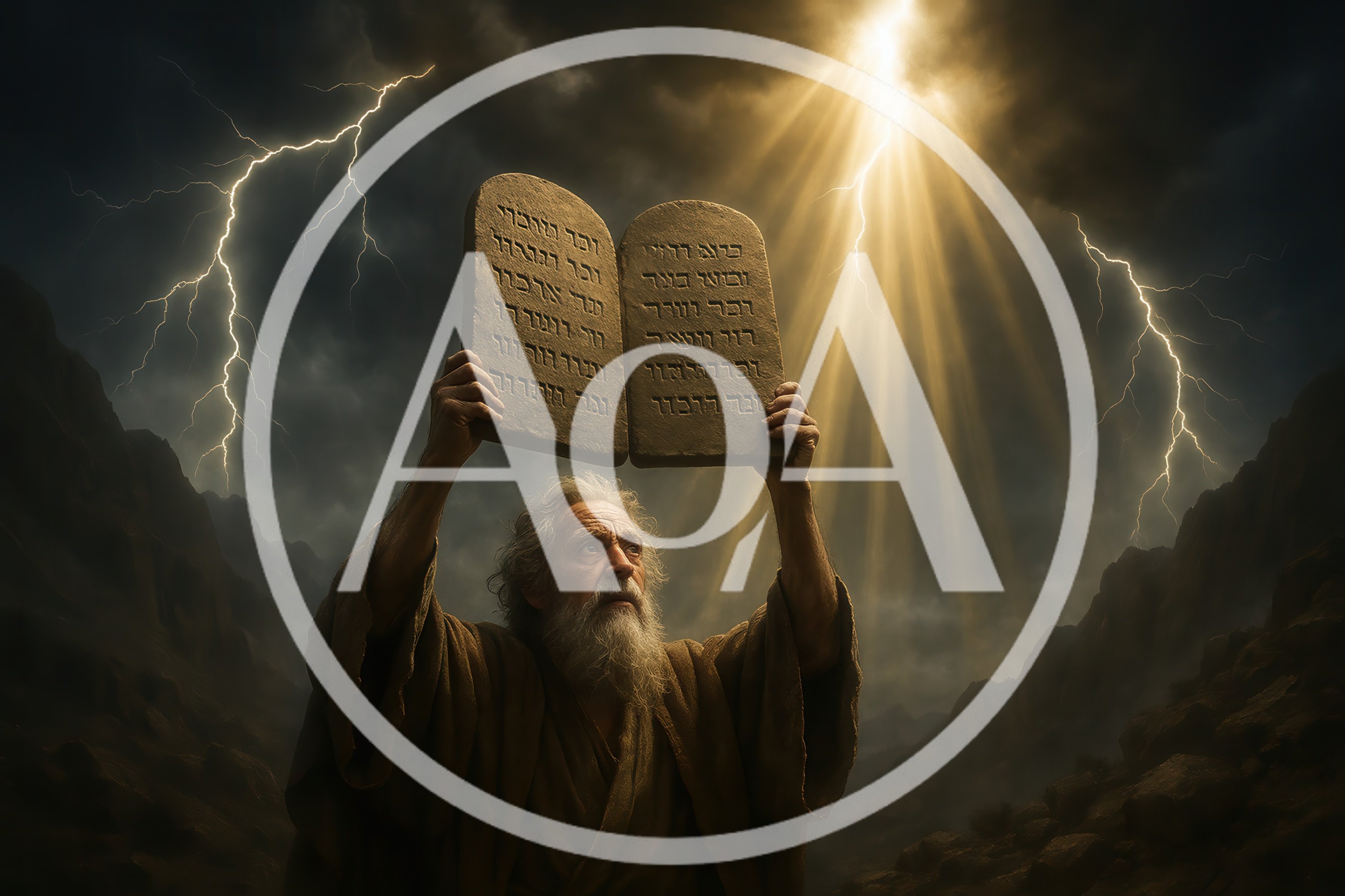 Moses Holding Stone Tablets Under Stormy Sky