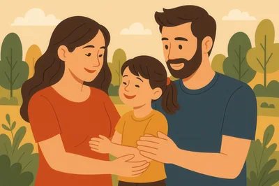 Happy Family Embracing Outdoors in Flat Illustration Style