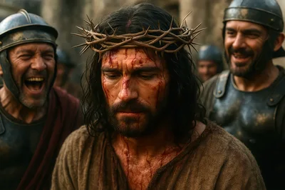 Jesus Christ Wearing Crown Of Thorns Surrounded By Soldiers