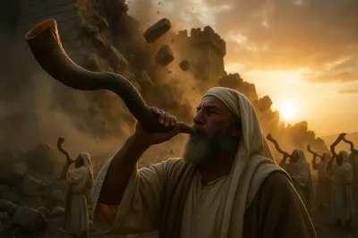 Biblical Figures Blowing Shofars During Ancient City Collapse