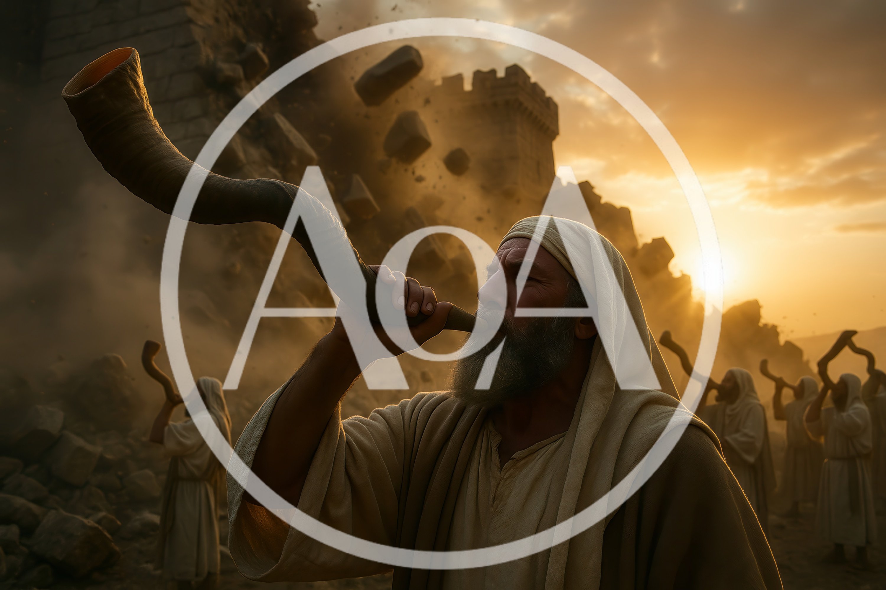 Biblical Figures Blowing Shofars During Ancient City Collapse