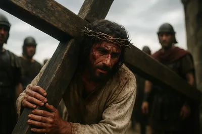 Jesus Carrying The Cross Surrounded By Roman Soldiers