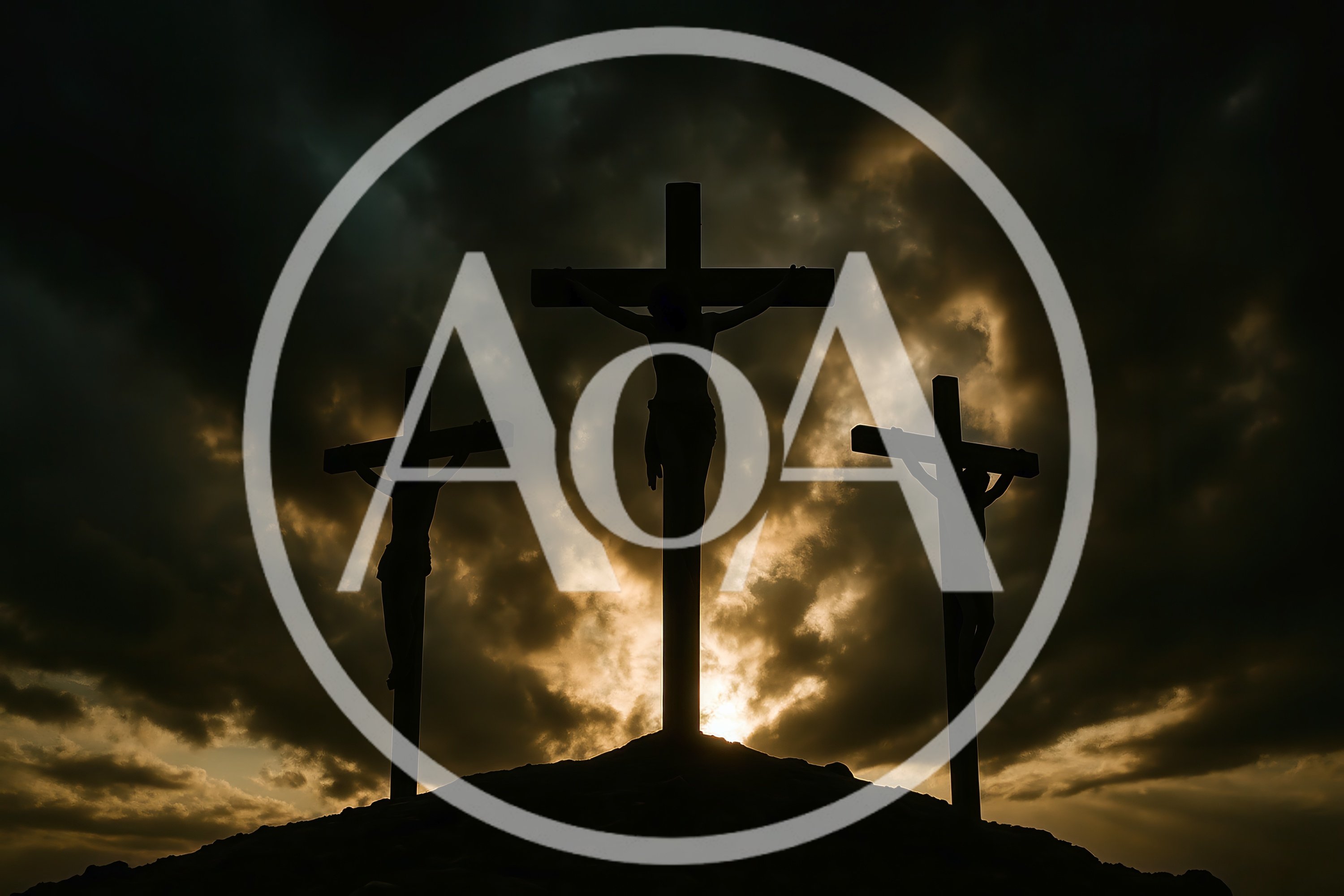 Silhouetted Crucifixion Scene Against Dramatic Stormy Sunset Sky