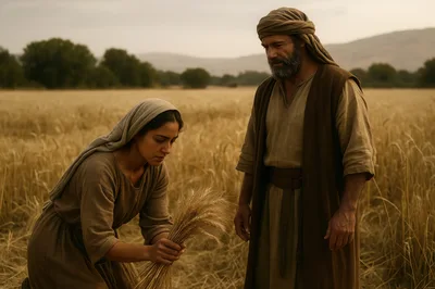 Biblical Couple Harvesting Wheat in Ancient Field