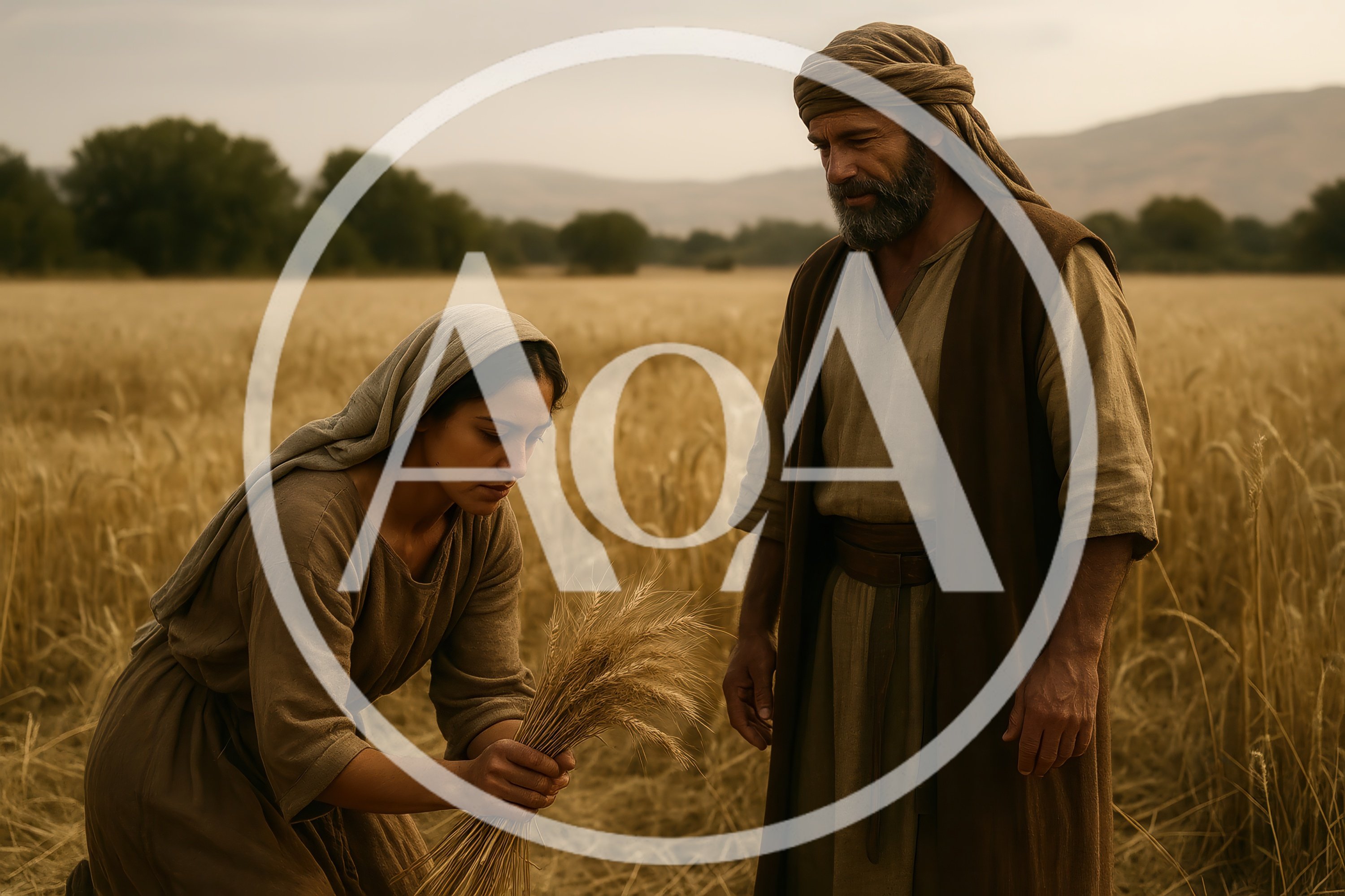 Biblical Couple Harvesting Wheat in Ancient Field