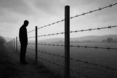 Silhouette Of A Man Standing By A Barbed Wire Fence