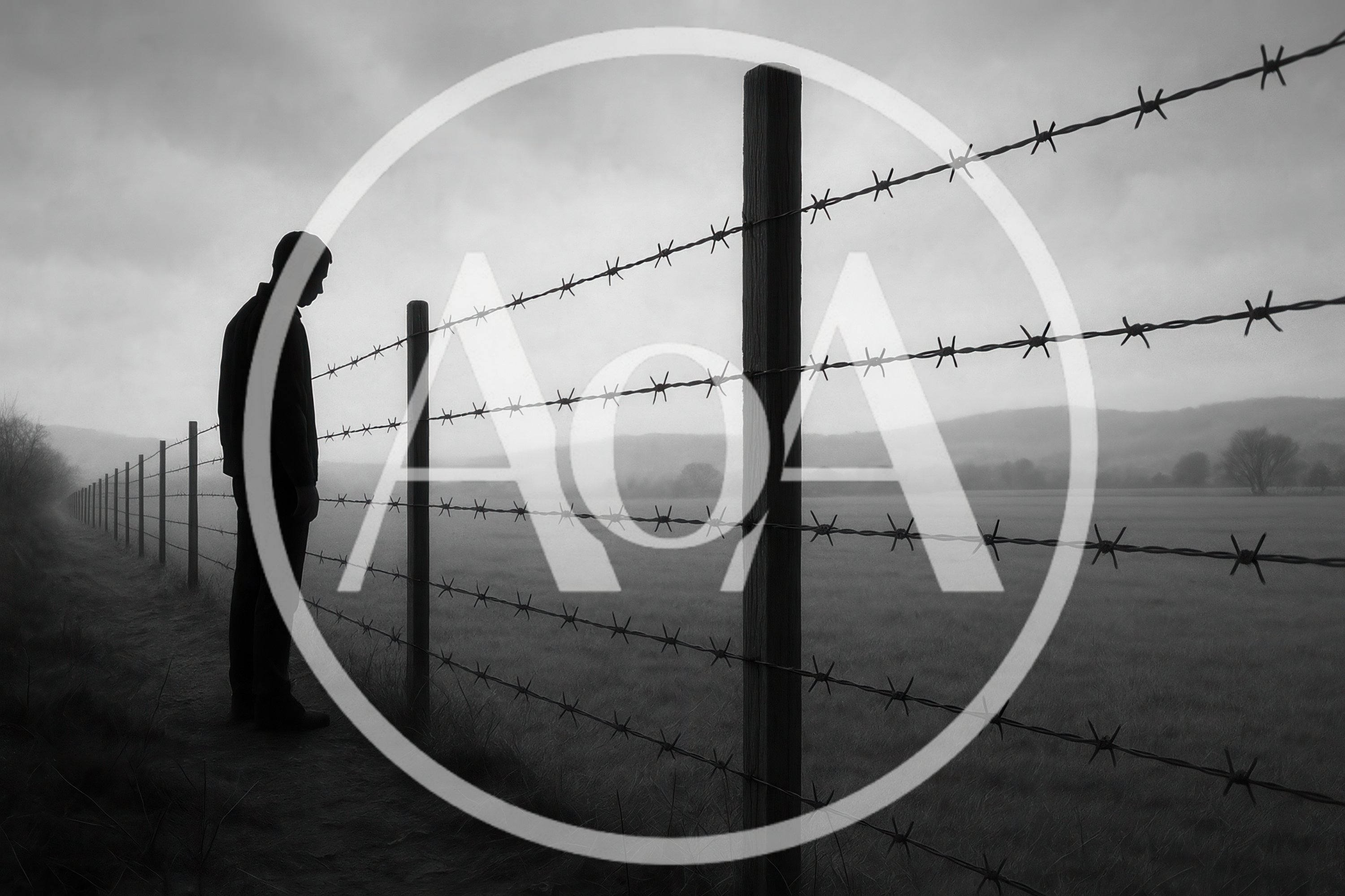 Silhouette Of A Man Standing By A Barbed Wire Fence