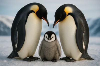 Emperor Penguin Parents With Their Fluffy Chick
