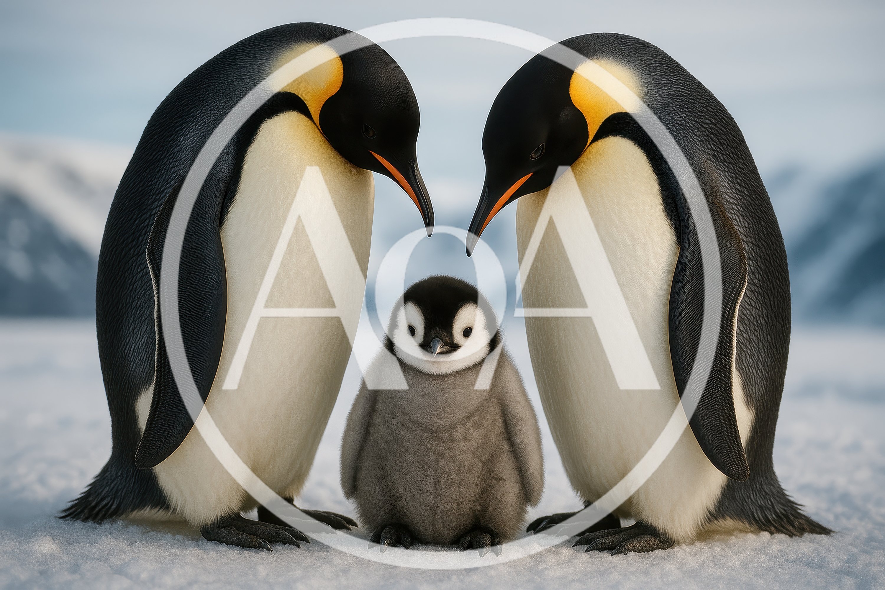 Emperor Penguin Parents With Their Fluffy Chick