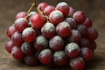 Bunch of Moldy Red Grapes on Wooden Surface