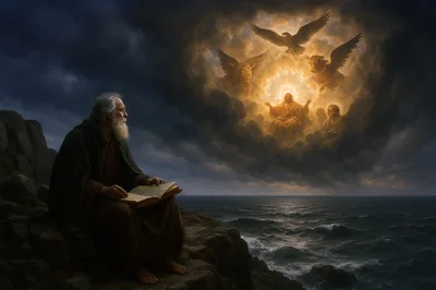 Elderly Prophet Writing Vision Of Divine Revelation