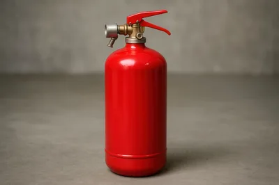 Red Fire Extinguisher Standing On Concrete Floor