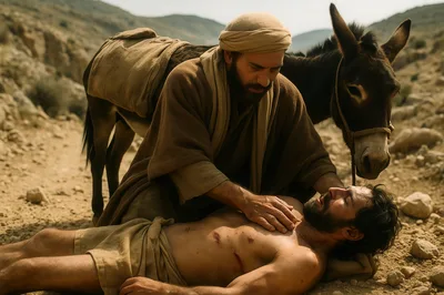 Good Samaritan Helping Injured Man In Desert