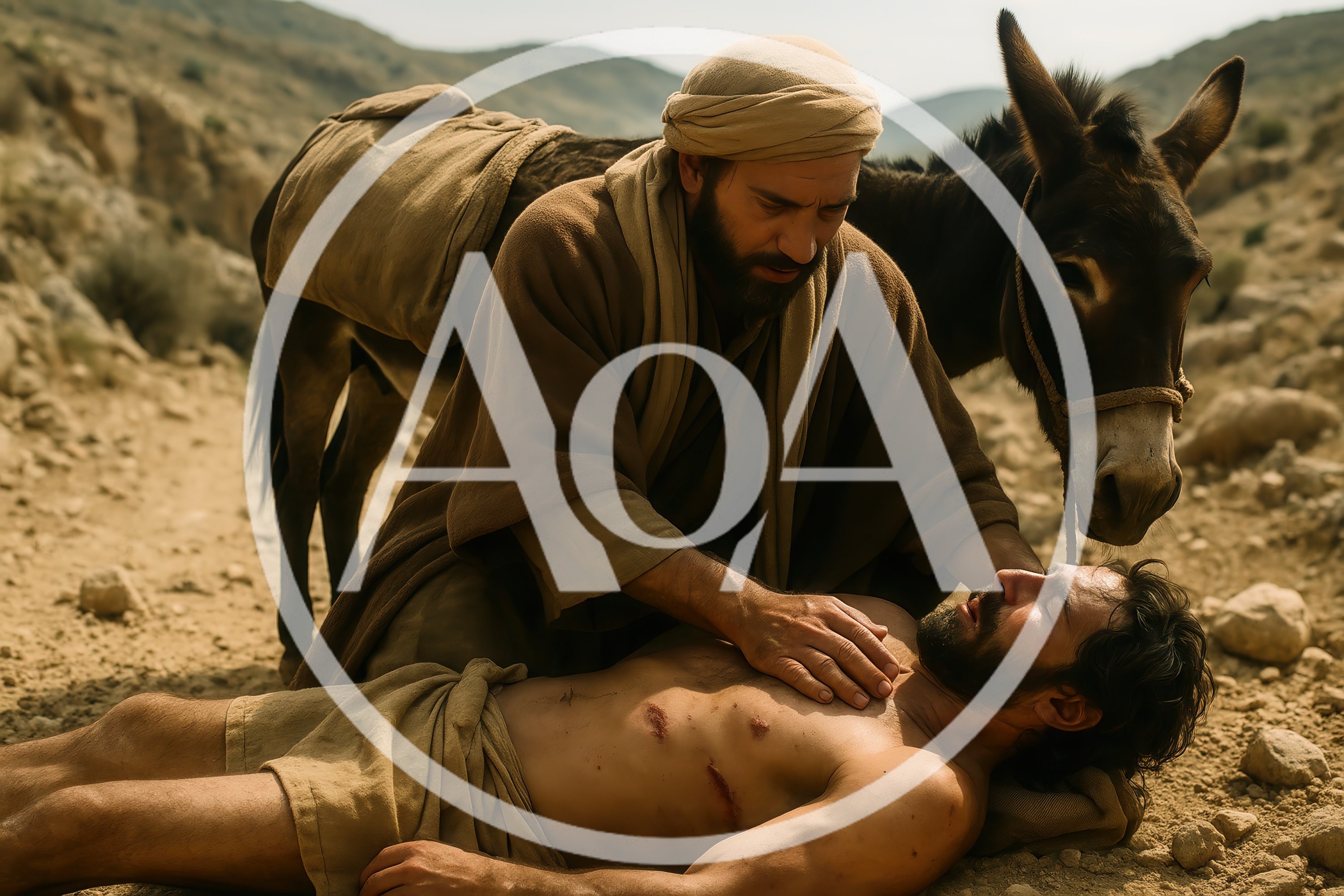 Good Samaritan Helping Injured Man In Desert