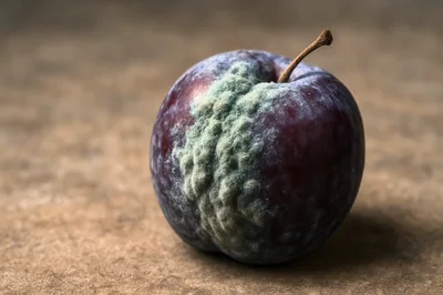Single Moldy Plum On A Textured Surface