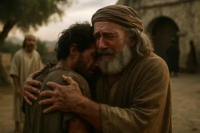 Biblical Scene Of An Elderly Man Embracing A Son