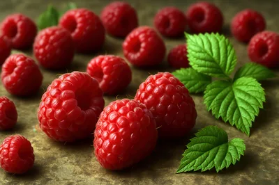 Fresh Ripe Raspberries Scattered on a Rustic Surface