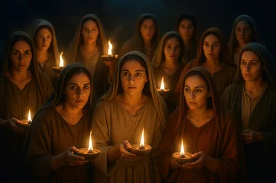 Group Of Women Holding Oil Lamps In Darkness