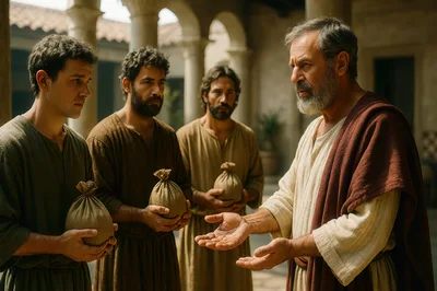 Biblical Scene With Men Holding Money Bags