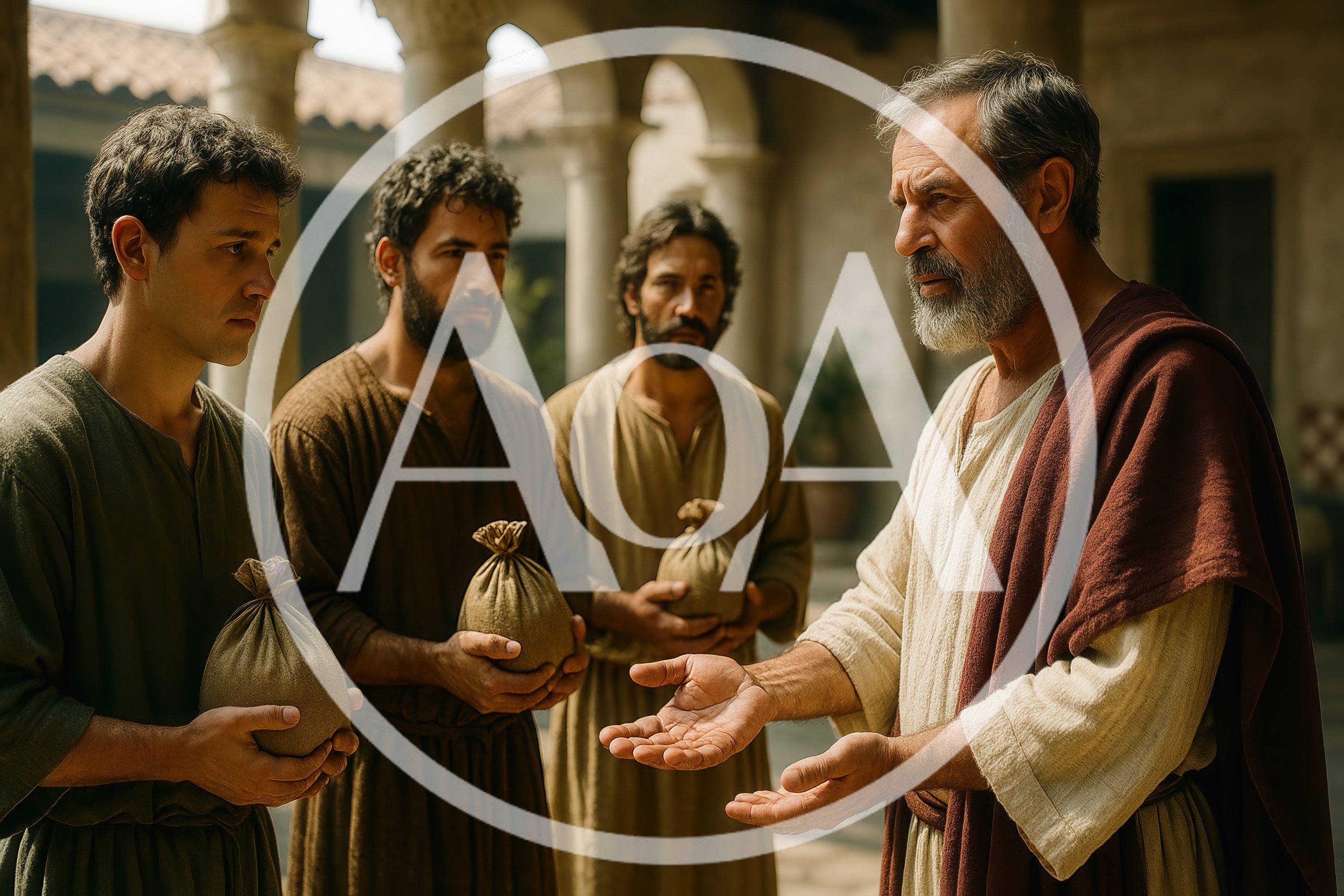 Biblical Scene With Men Holding Money Bags