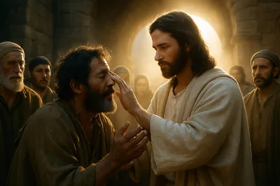 Jesus Healing A Blind Man In Ancient Setting