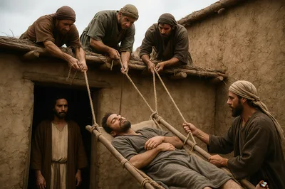 Biblical Scene Of Men Lowering A Paralyzed Man
