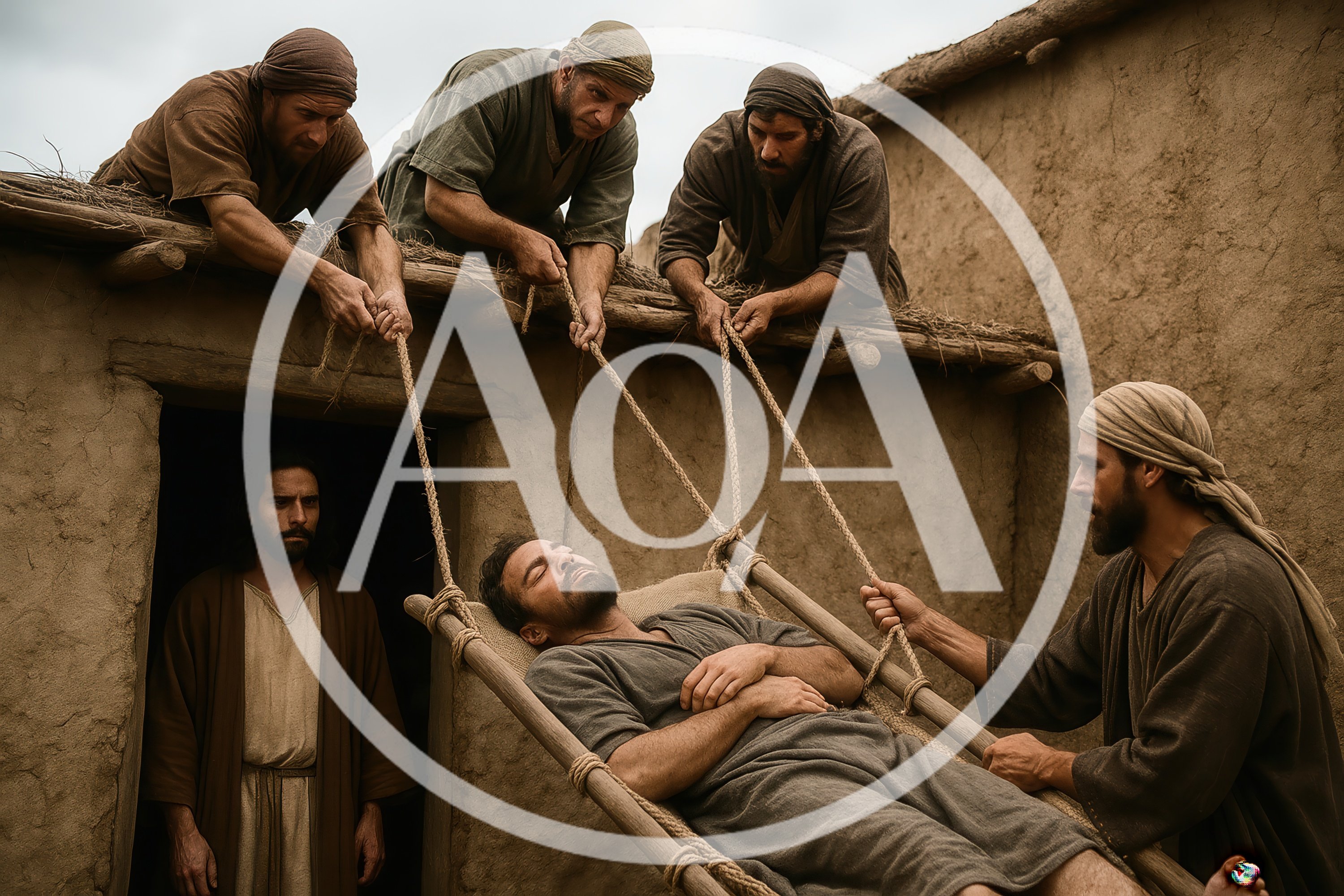 Biblical Scene Of Men Lowering A Paralyzed Man
