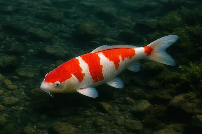 Kohaku Koi Fish Swimming Underwater