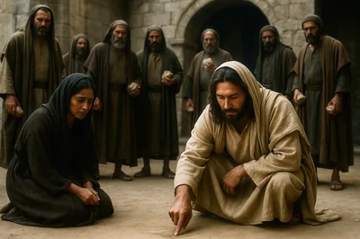 Jesus Writing In The Sand Before A Crowd