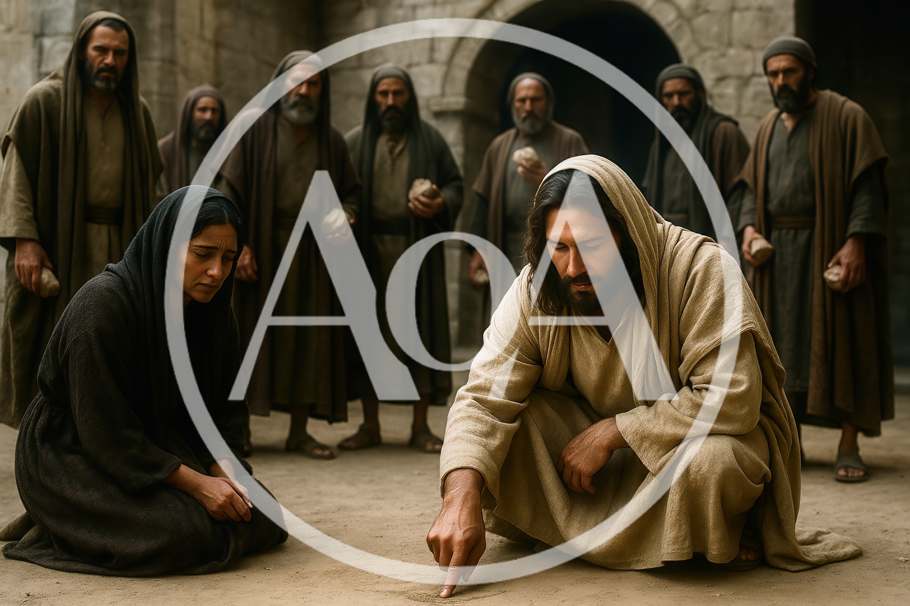 Jesus Writing In The Sand Before A Crowd