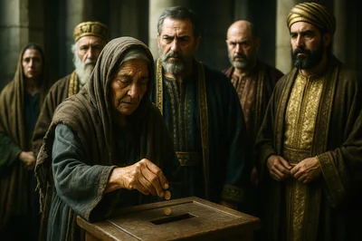 Elderly Woman Donating Coins Into Wooden Offering Box