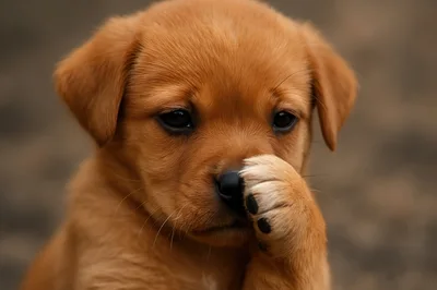 Adorable Golden Puppy Covering Its Nose With A Paw