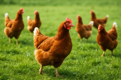 Group Of Brown Chickens Foraging In A Green Field