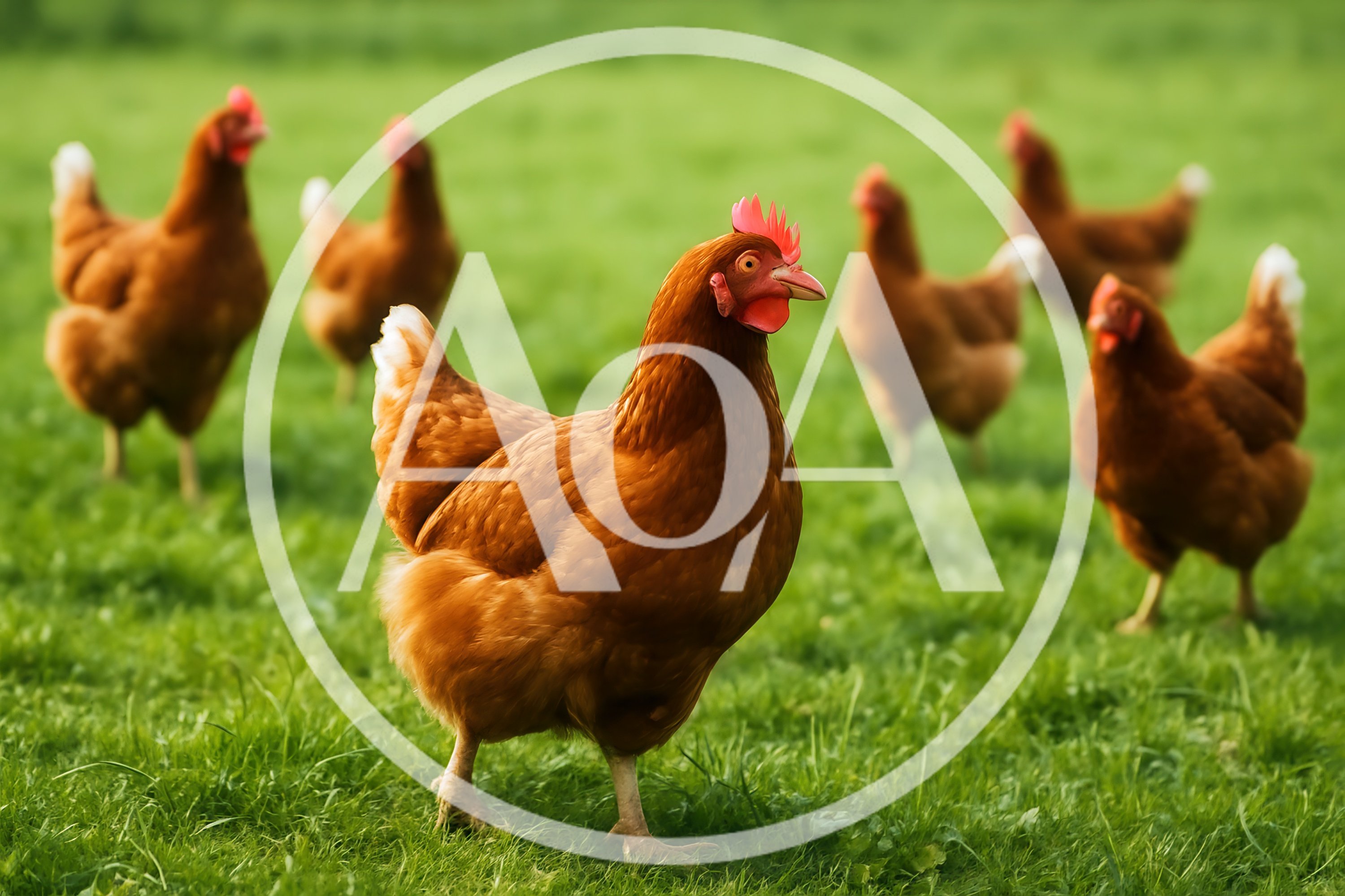 Group Of Brown Chickens Foraging In A Green Field