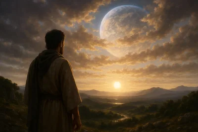 Man Standing Overlooking A Surreal Landscape With Two Celestial Bodies