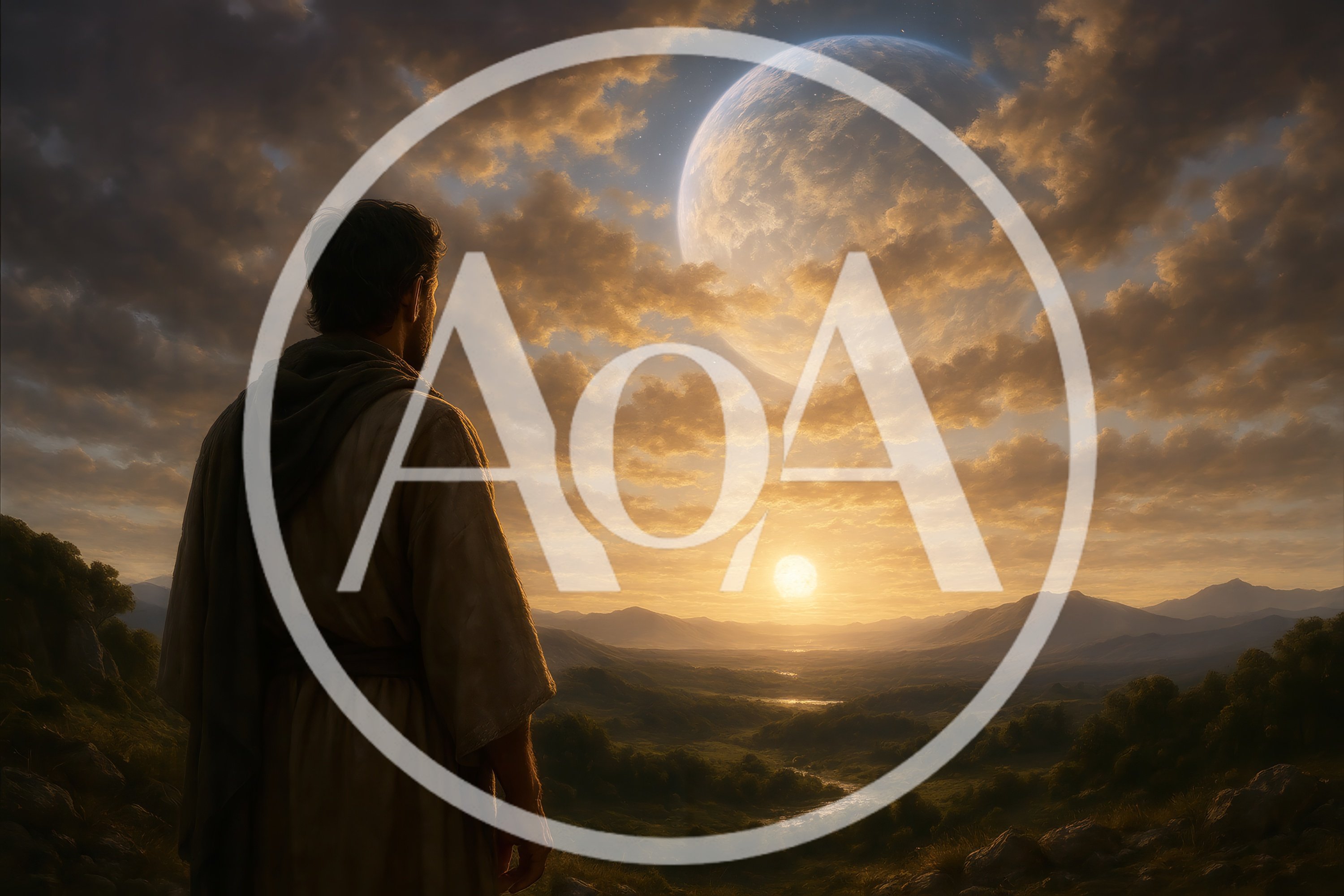 Man Standing Overlooking A Surreal Landscape With Two Celestial Bodies