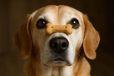 Golden Retriever Balancing A Dog Treat On Its Nose