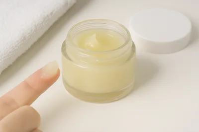 Finger Applying Skincare Cream From Glass Jar