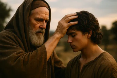 Elderly Man Blessing A Young Man Outdoors