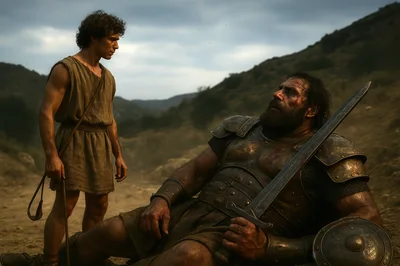 Young Shepherd Standing Over Fallen Armored Warrior