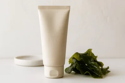Beige Cosmetic Tube With Seaweed On White Background