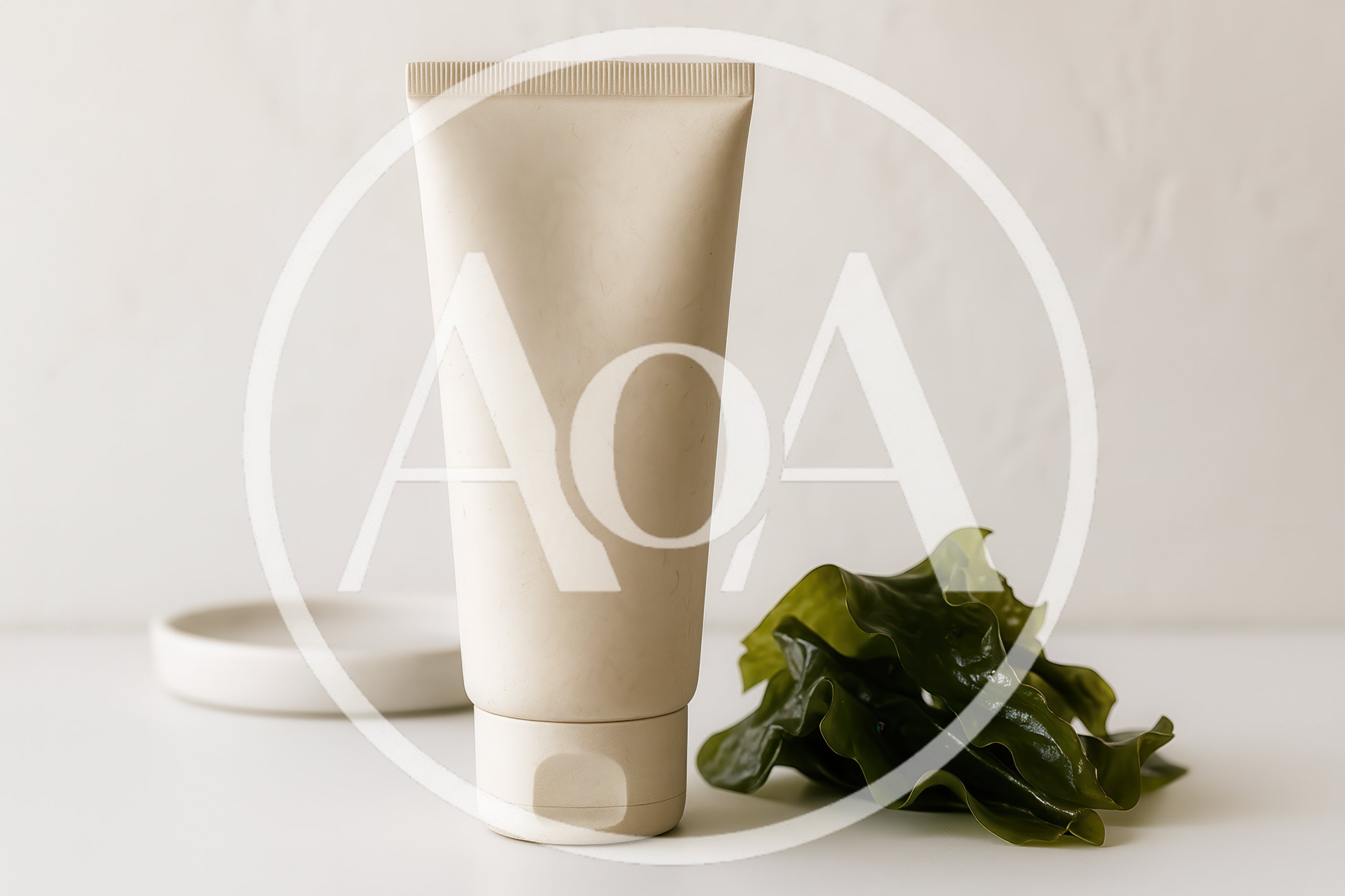 Beige Cosmetic Tube With Seaweed On White Background