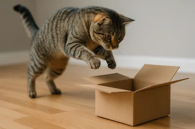 Tabby Cat Jumping Into A Cardboard Box