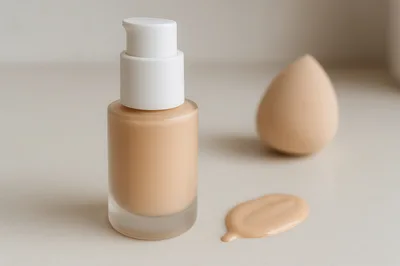 Liquid Foundation Bottle With Makeup Sponge And Swatch