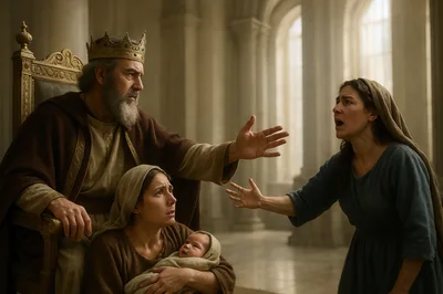King Judging Between Two Women Claiming A Baby